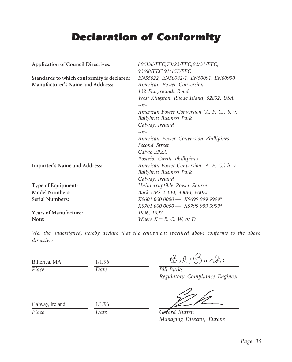 Declaration of conformity | APC BK600EI User Manual | Page 37 / 40