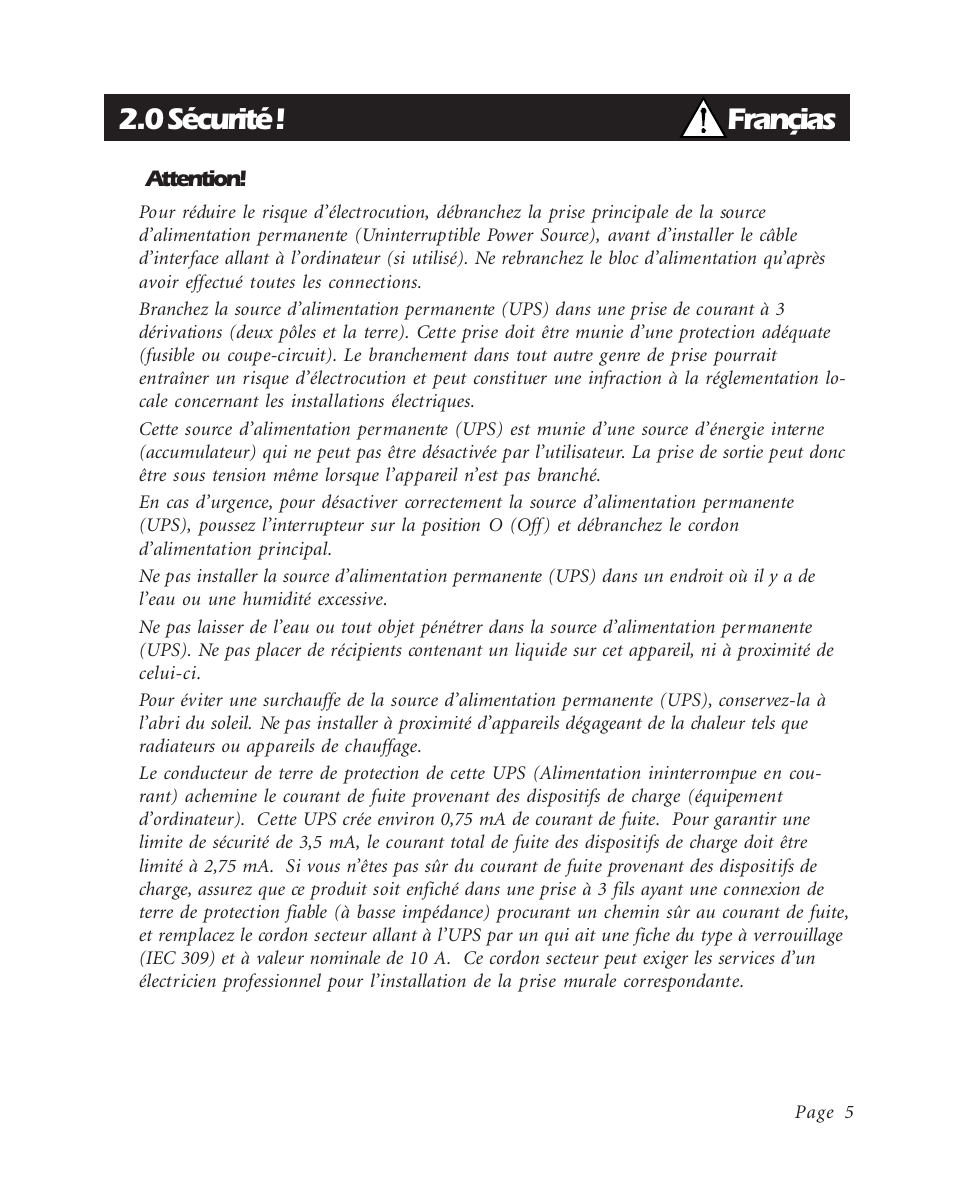 0 sécurité, Françias | APC BK600EI User Manual | Page 7 / 40