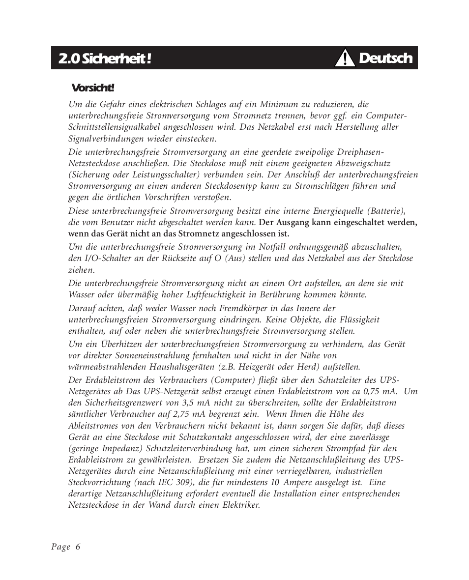 0 sicherheit, Deutsch | APC BK600EI User Manual | Page 8 / 40