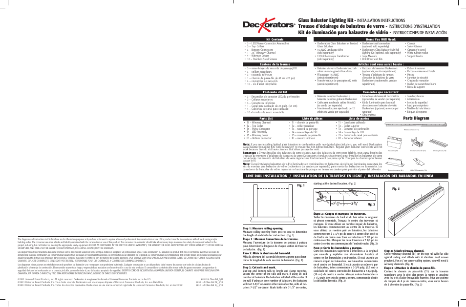 Glass baluster lighting kit, Trousse d’éclairage de balustres de verre, Kit de iluminación para balaustre de vidrio | Installation instructions, Instructions d’installation, Instrucciones de instalación, Parts diagram | Deckorators Glass Baluster Lighting Kit User Manual | Page 4 / 8