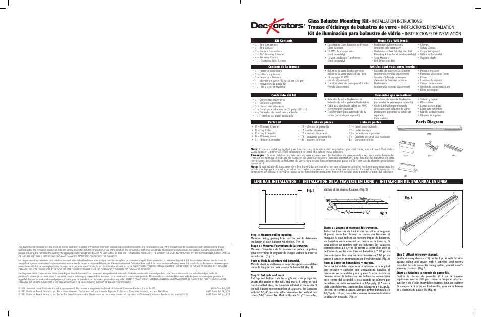 Glass baluster mounting kit, Trousse d’éclairage de balustres de verre, Kit de iluminación para balaustre de vidrio | Installation instructions, Instructions d’installation, Instrucciones de instalación, Parts diagram | Deckorators Glass Baluster Lighting Kit User Manual | Page 5 / 8