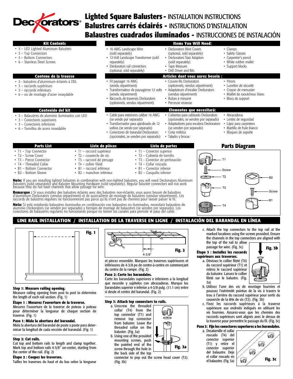 Lighted square balusters, Balustres carrés éclairés, Balaustres cuadrados iluminados | Installation instructions, Instructions d’installation, Instrucciones de instalación, Parts diagram | Deckorators Lighted Willow Balusters User Manual | Page 5 / 8