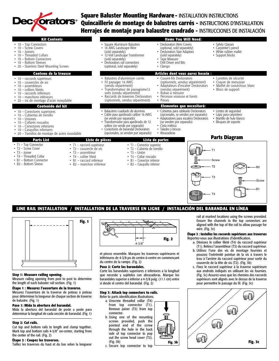 Square baluster mounting hardware, Quincaillerie de montage de balustres carrés, Herrajes de montaje para balaustre cuadrado | Installation instructions, Instructions d’installation, Instrucciones de instalación, Parts diagram, Step3c.ai | Deckorators Round Baluster Mounting Hardware User Manual | Page 5 / 8