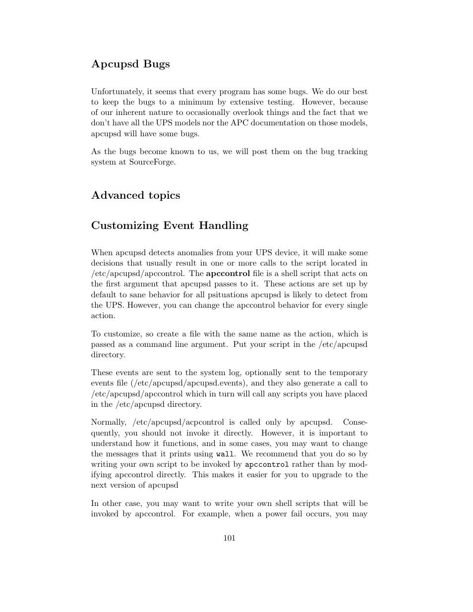 Apcupsd bugs, Advanced topics, Customizing event handling | Advanced topics customizing event handling | APC UPS control system User Manual | Page 102 / 233