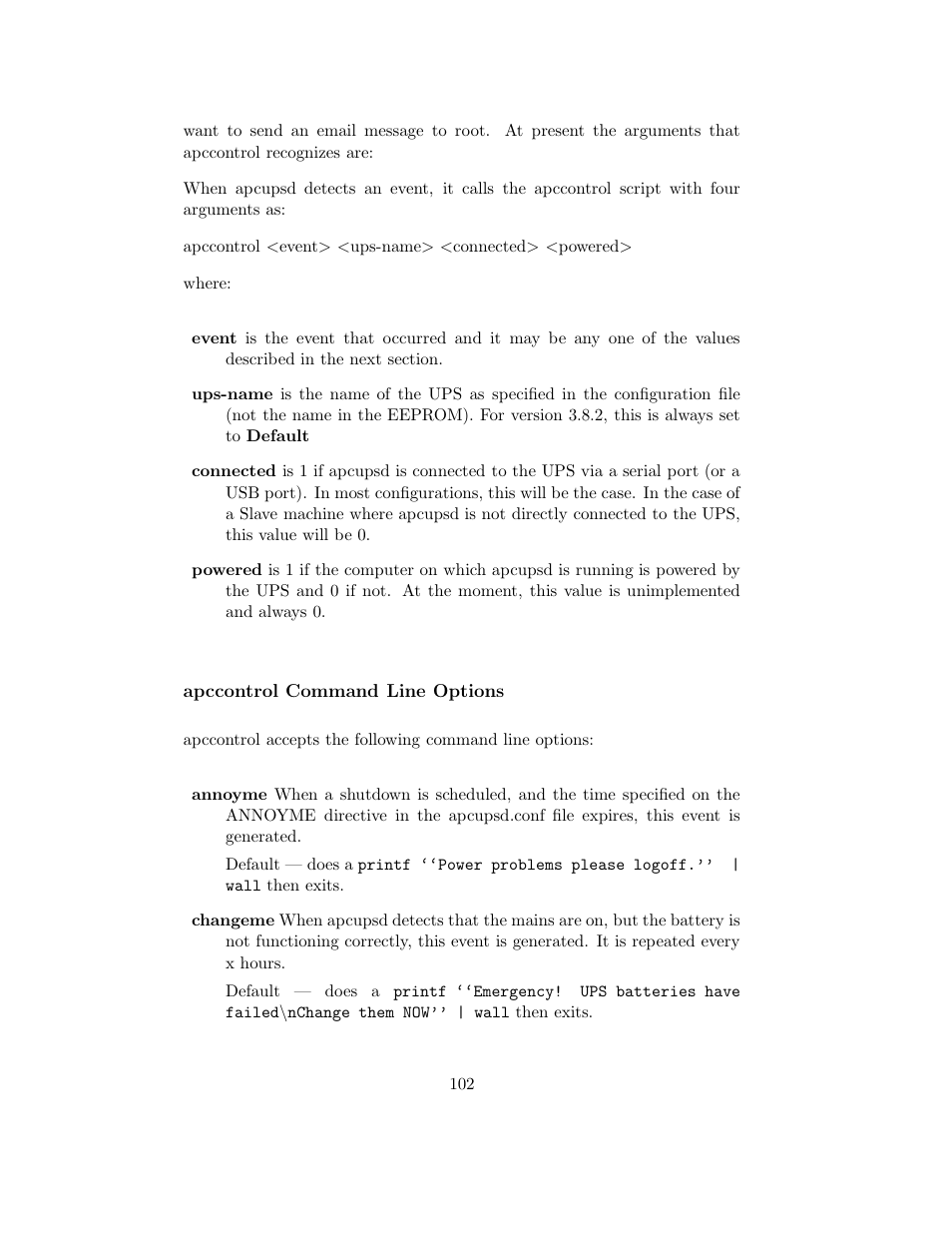 Apccontrol command line options | APC UPS control system User Manual | Page 103 / 233