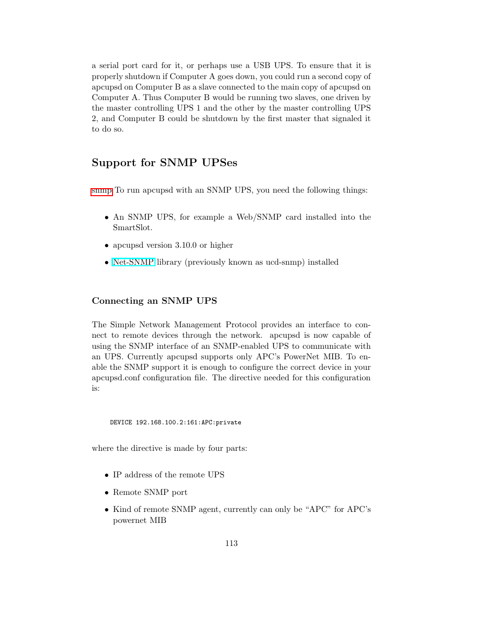 Support for snmp upses, Connecting an snmp ups | APC UPS control system User Manual | Page 114 / 233