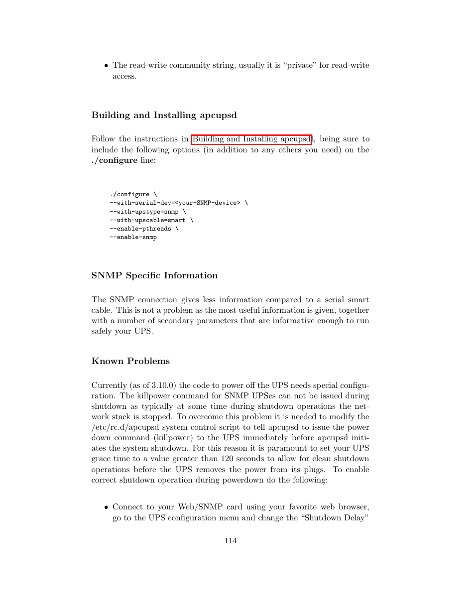 Building and installing apcupsd, Snmp specific information, Known problems | APC UPS control system User Manual | Page 115 / 233