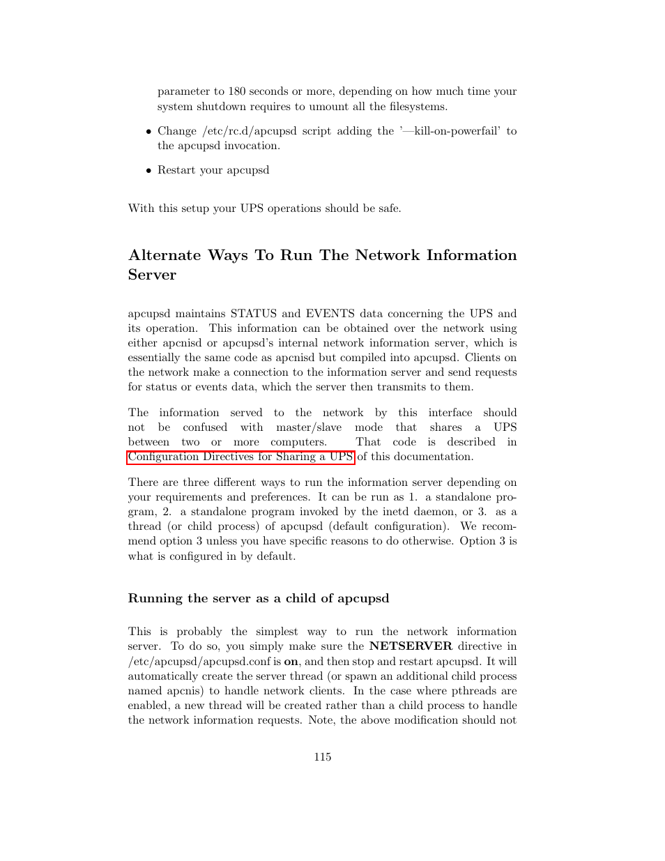Running the server as a child of apcupsd | APC UPS control system User Manual | Page 116 / 233