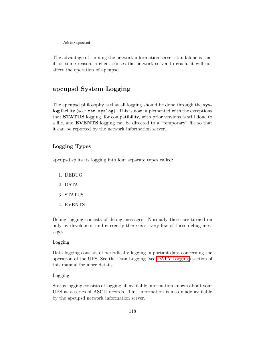 Apcupsd system logging, Logging types | APC UPS control system User Manual | Page 119 / 233
