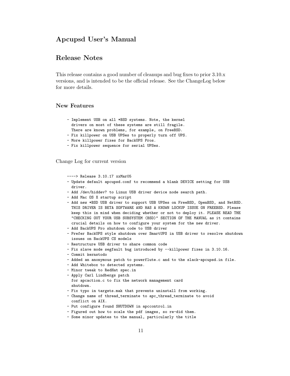 Apcupsd user's manual, Release notes, New features | Apcupsd user’s manual | APC UPS control system User Manual | Page 12 / 233