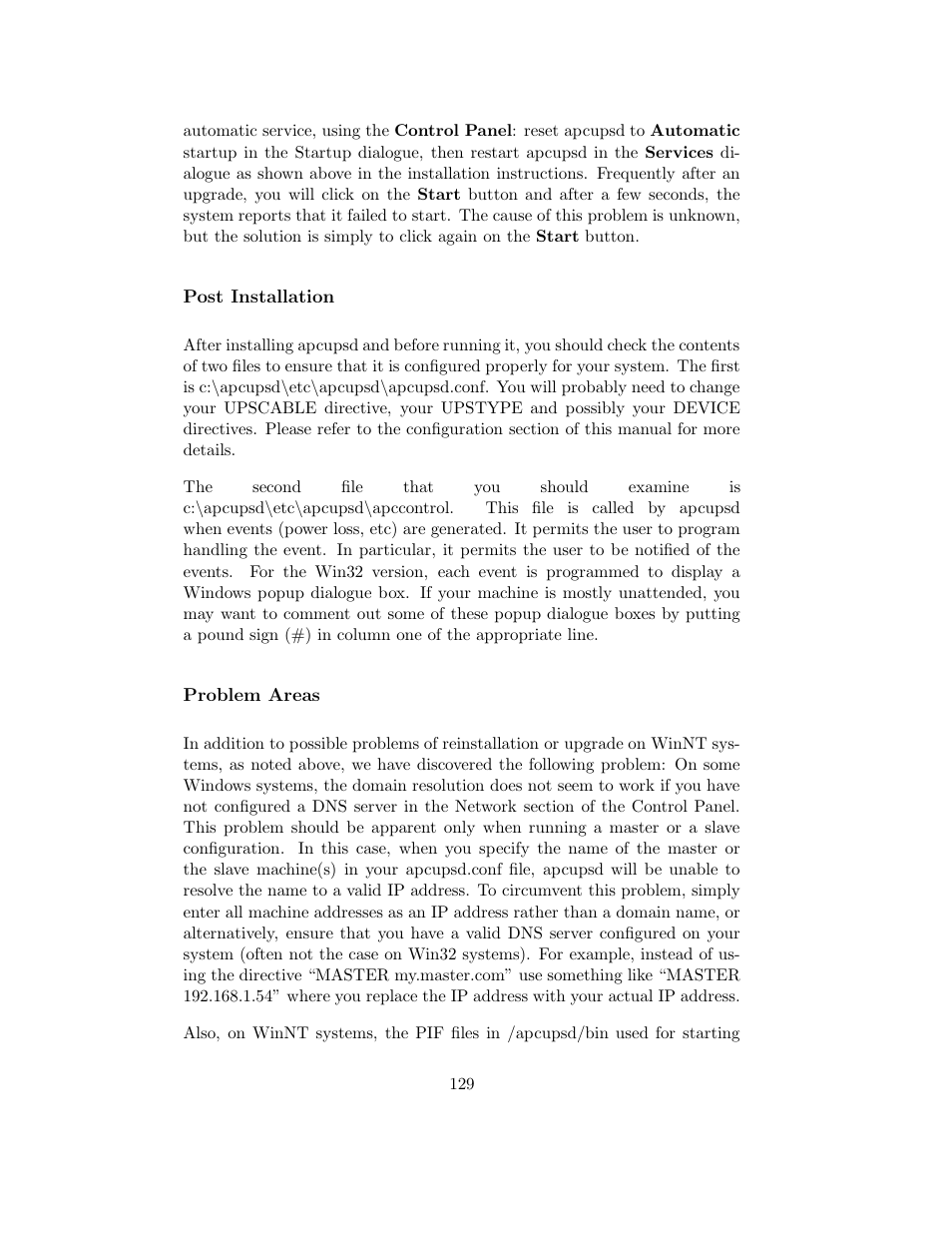 Post installation, Problem areas | APC UPS control system User Manual | Page 130 / 233