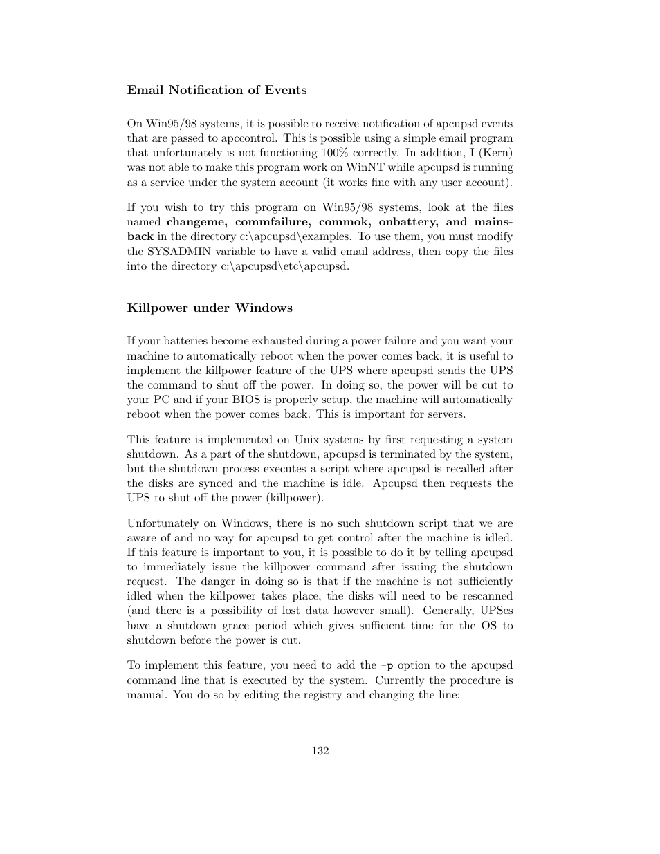 Email notification of events, Killpower under windows | APC UPS control system User Manual | Page 133 / 233