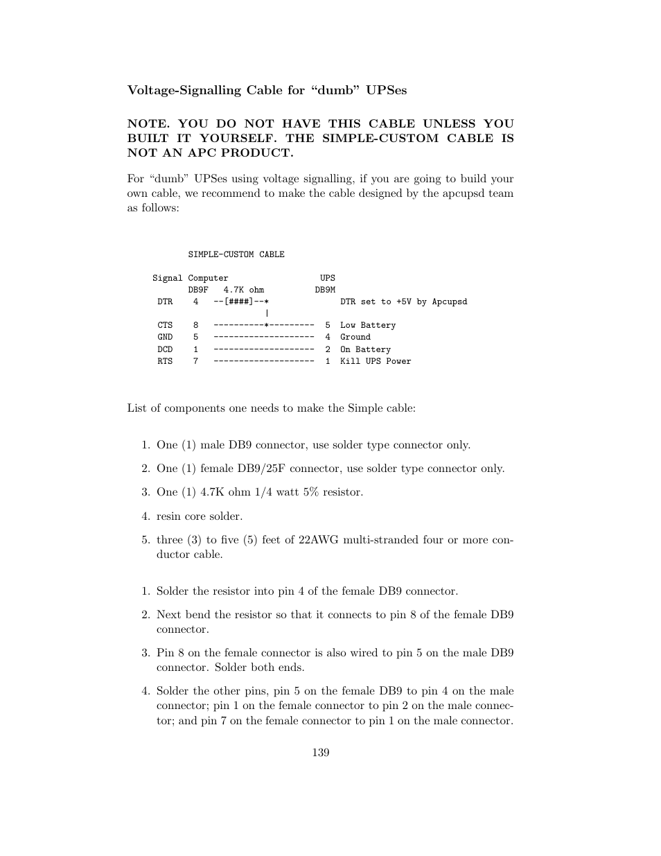 Voltage-signalling cable for "dumb" upses, Voltage-signalling cable for ”dumb” upses, Voltage-signalling cable for “dumb” upses | APC UPS control system User Manual | Page 140 / 233