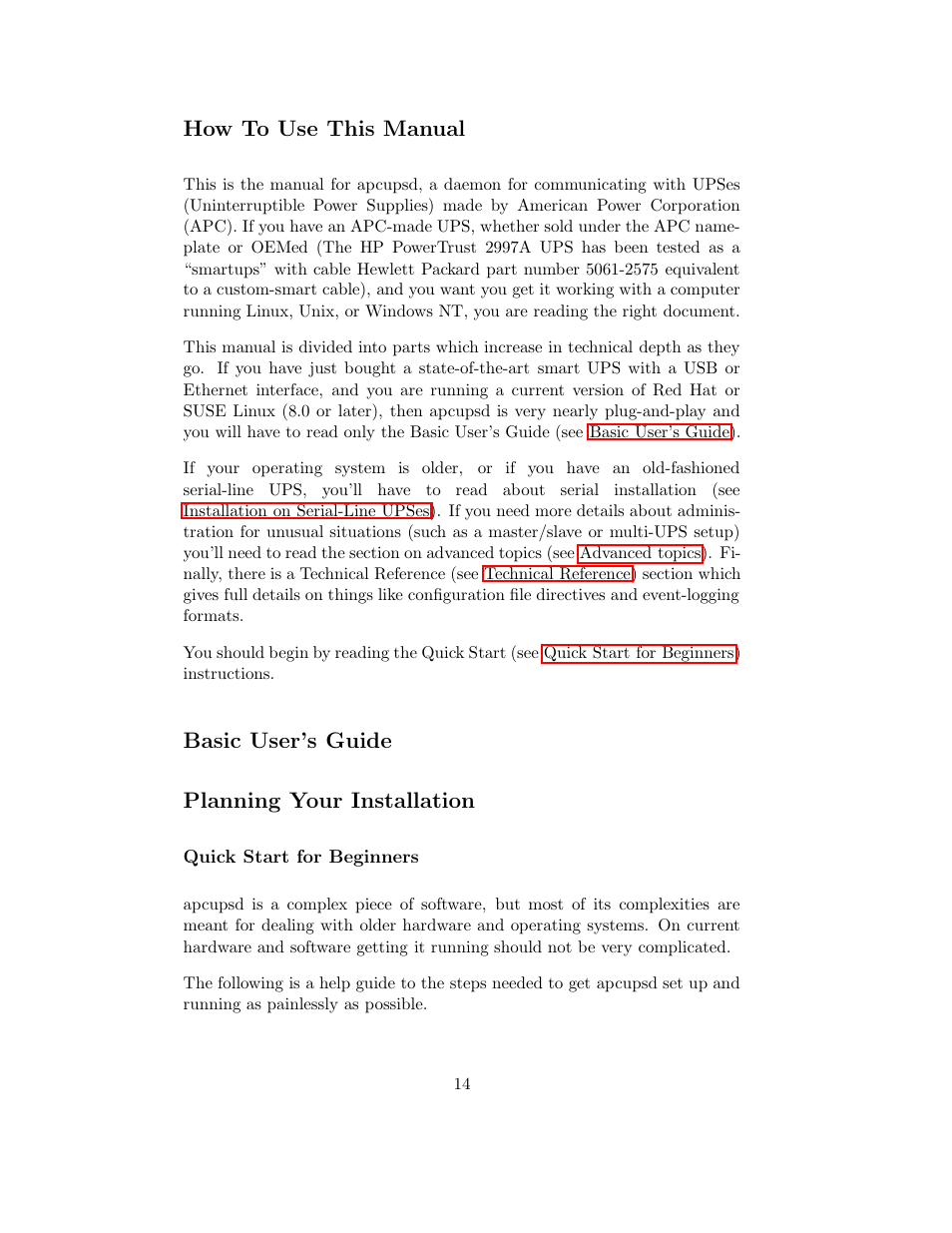How to use this manual, Basic user's guide, Planning your installation | Quick start for beginners, Basic user’s guide, Basic user’s guide planning your installation | APC UPS control system User Manual | Page 15 / 233