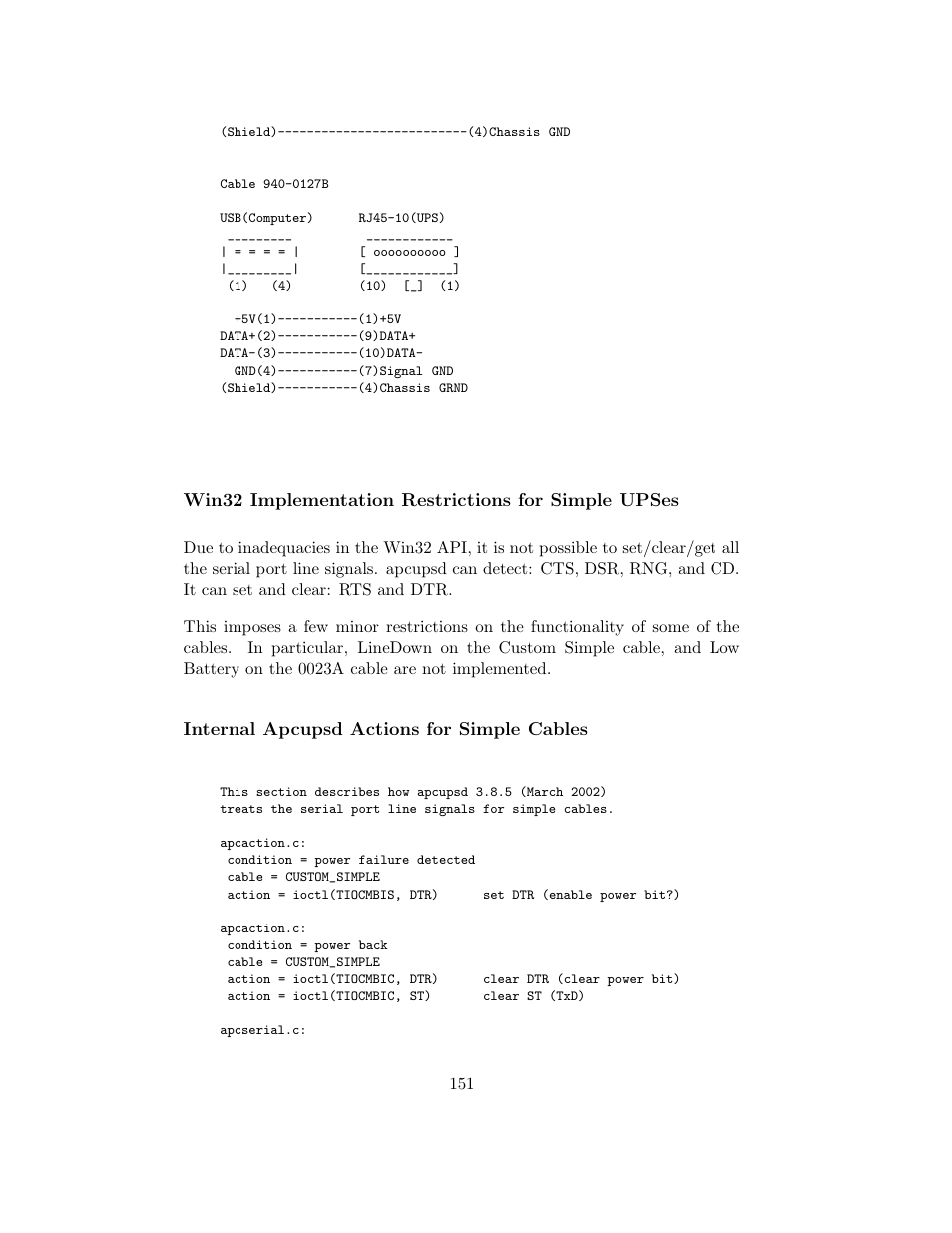 Win32 implementation restrictions for simple upses, Internal apcupsd actions for simple cables | APC UPS control system User Manual | Page 152 / 233