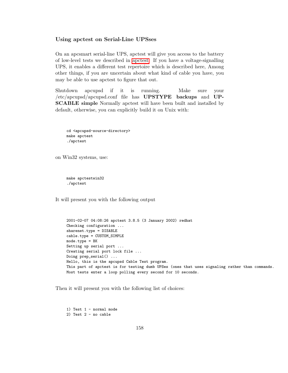 Using apctest on serial-line upsses | APC UPS control system User Manual | Page 159 / 233