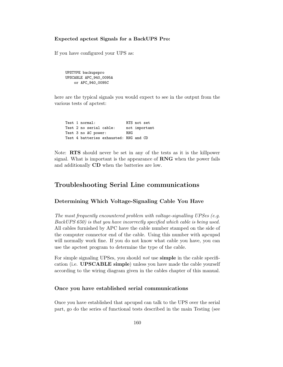 Troubleshooting serial line communications, Determining which voltage-signaling cable you have, Once you have established serial communications | APC UPS control system User Manual | Page 161 / 233