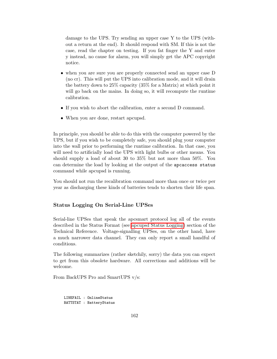 Status logging on serial-line upses | APC UPS control system User Manual | Page 163 / 233