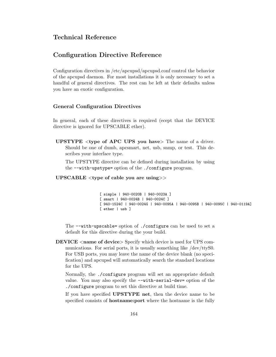 Technical reference, Configuration directive reference, General configuration directives | APC UPS control system User Manual | Page 165 / 233