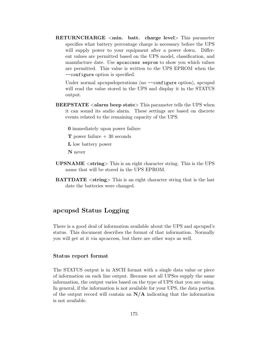 Apcupsd status logging, Status report format | APC UPS control system User Manual | Page 176 / 233