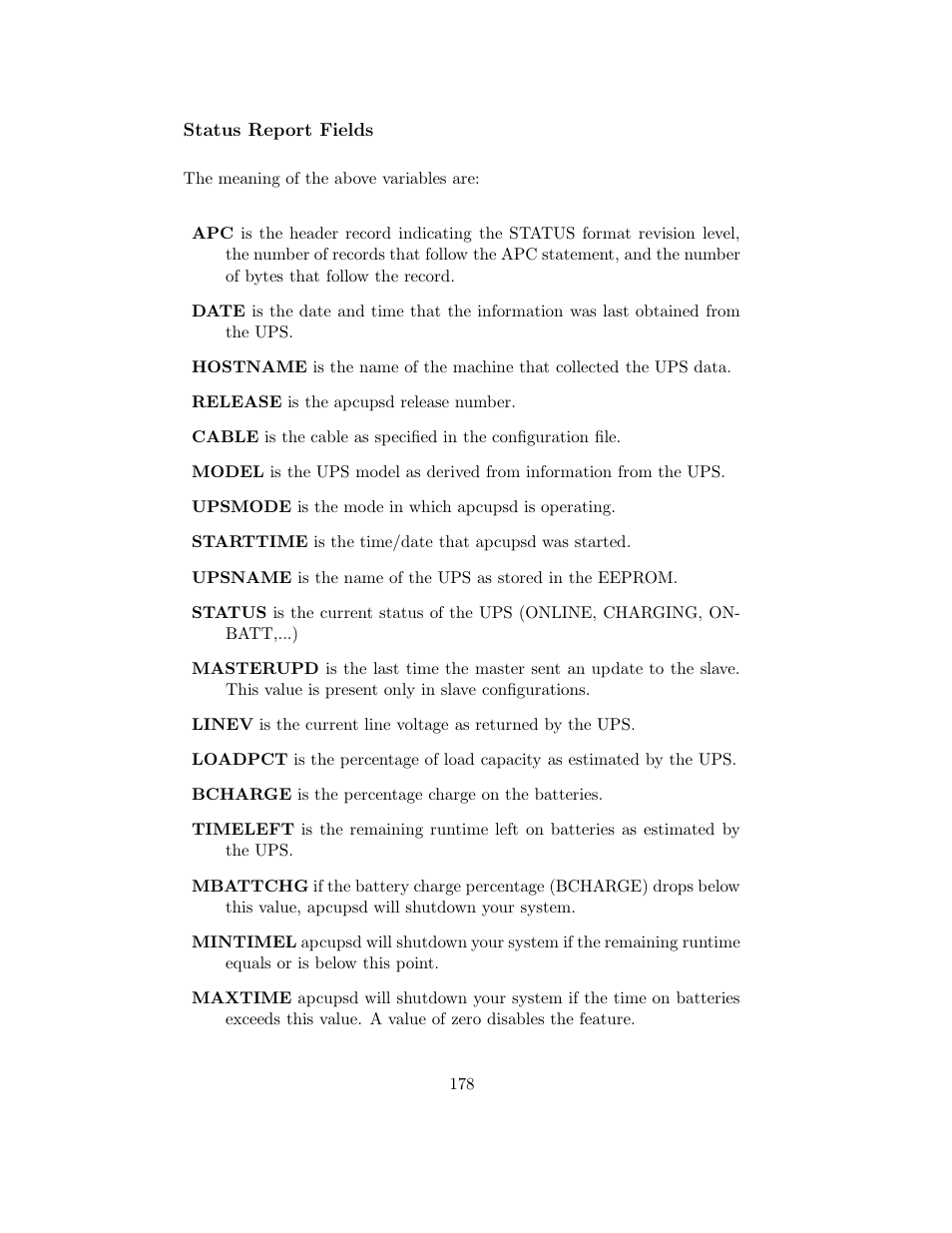 Status report fields | APC UPS control system User Manual | Page 179 / 233