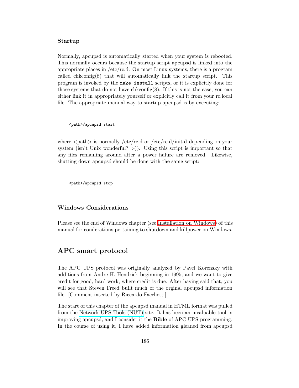 Startup, Windows considerations, Apc smart protocol | APC UPS control system User Manual | Page 187 / 233