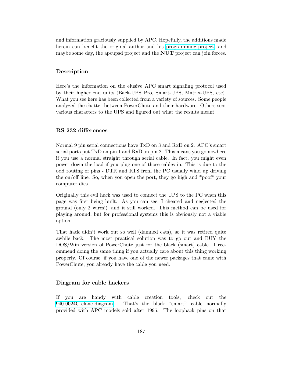 Description, Rs-232 differences, Diagram for cable hackers | APC UPS control system User Manual | Page 188 / 233