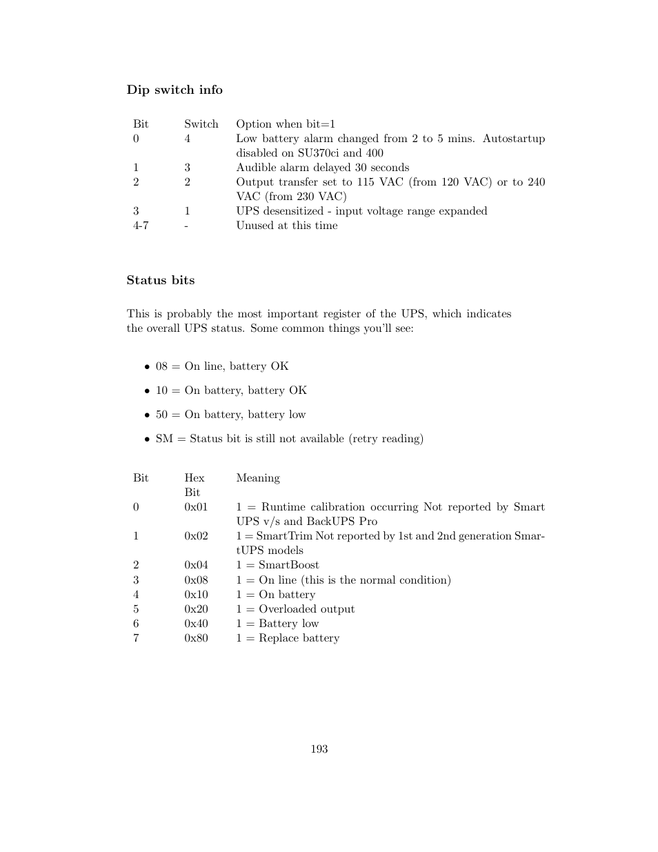 Dip switch info, Status bits, Ups status bits | APC UPS control system User Manual | Page 194 / 233
