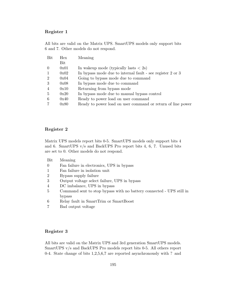 Register 1, Register 2, Register 3 | Register 1 layout, Register 2 layout, Register 3 layout | APC UPS control system User Manual | Page 196 / 233