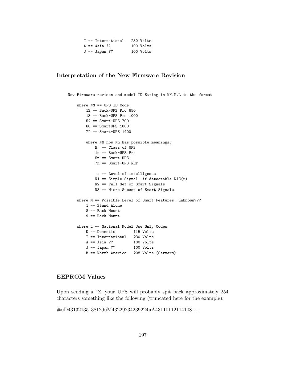 Interpretation of the new firmware revision, Eeprom values | APC UPS control system User Manual | Page 198 / 233