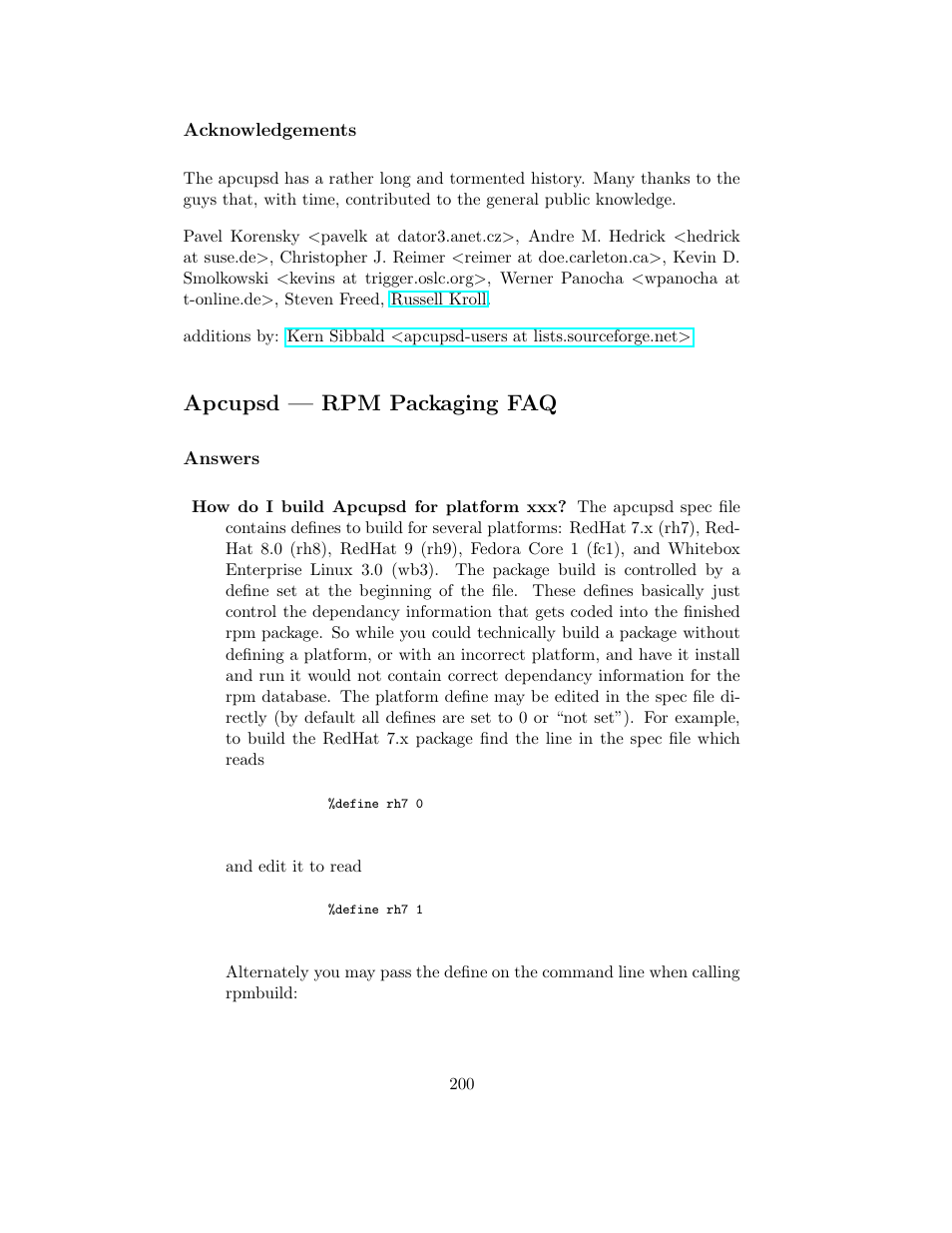 Acknowledgements, Apcupsd --- rpm packaging faq, Answers | Apcupsd — rpm packaging faq | APC UPS control system User Manual | Page 201 / 233
