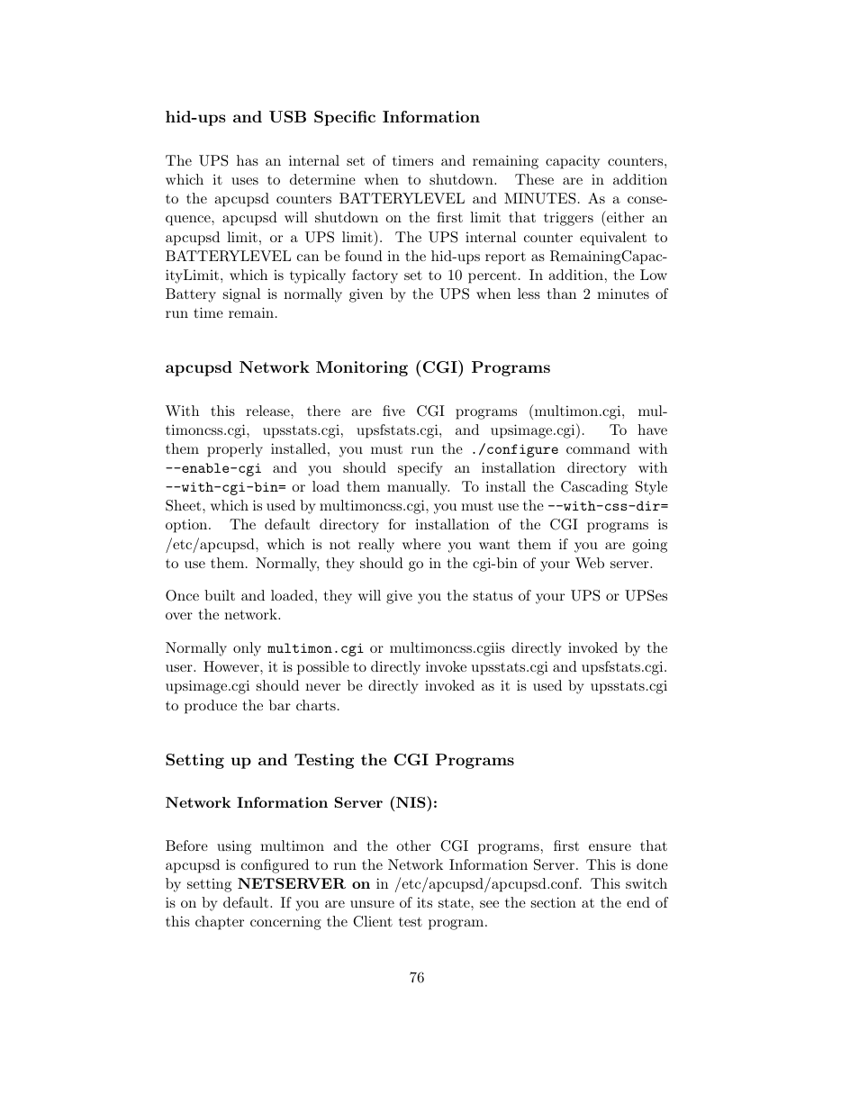 Hid-ups and usb specific information, Apcupsd network monitoring (cgi) programs, Setting up and testing the cgi programs | APC UPS control system User Manual | Page 77 / 233