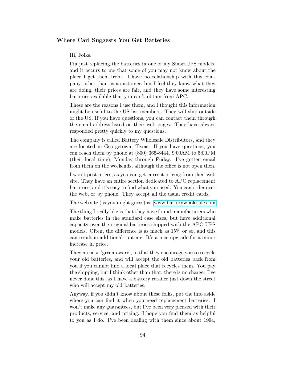 Where carl suggests you get batteries | APC UPS control system User Manual | Page 95 / 233