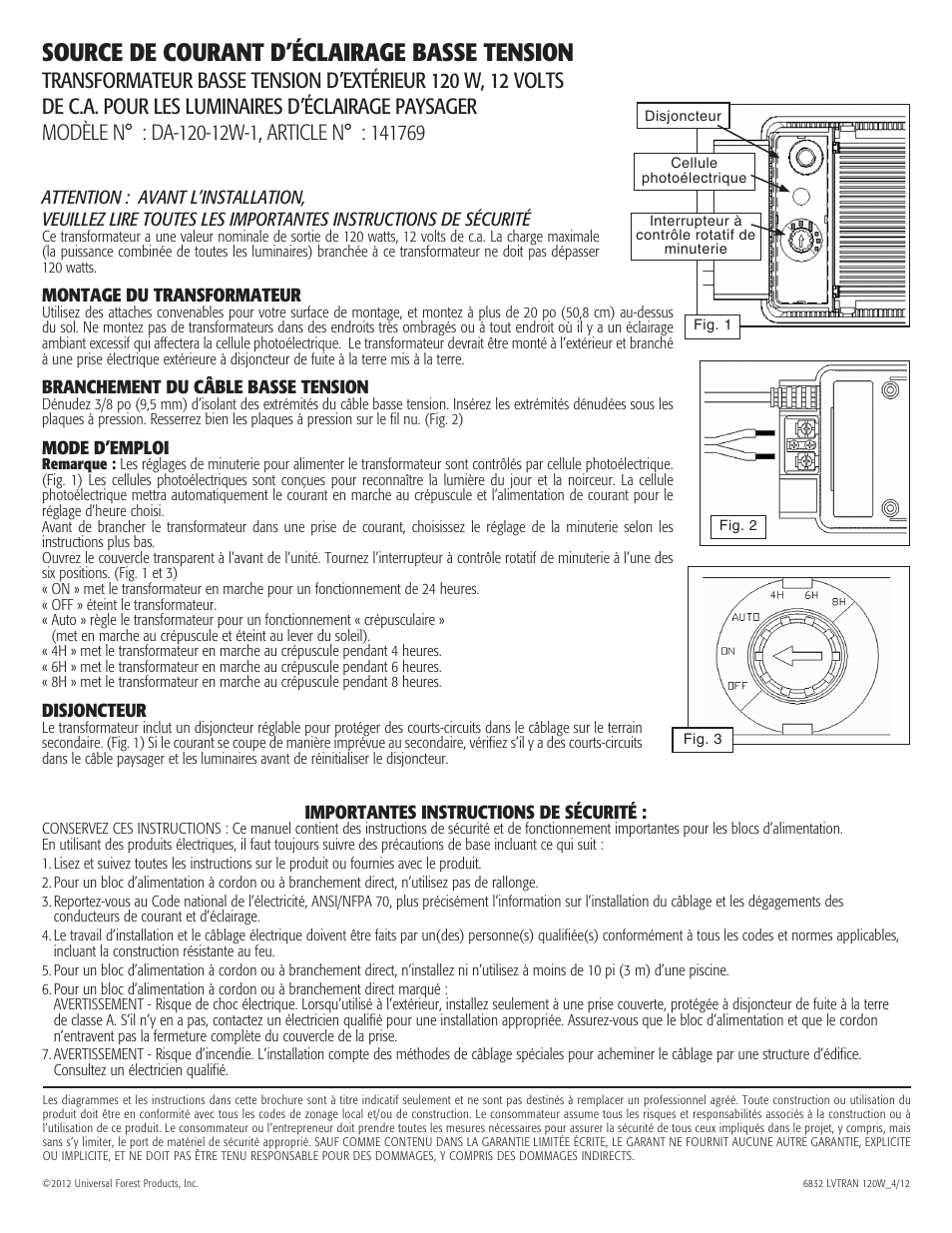 Source de courant d’éclairage basse tension | Deckorators LOW VOLTAGE LIGHTING POWER SUPPLY User Manual | Page 4 / 6