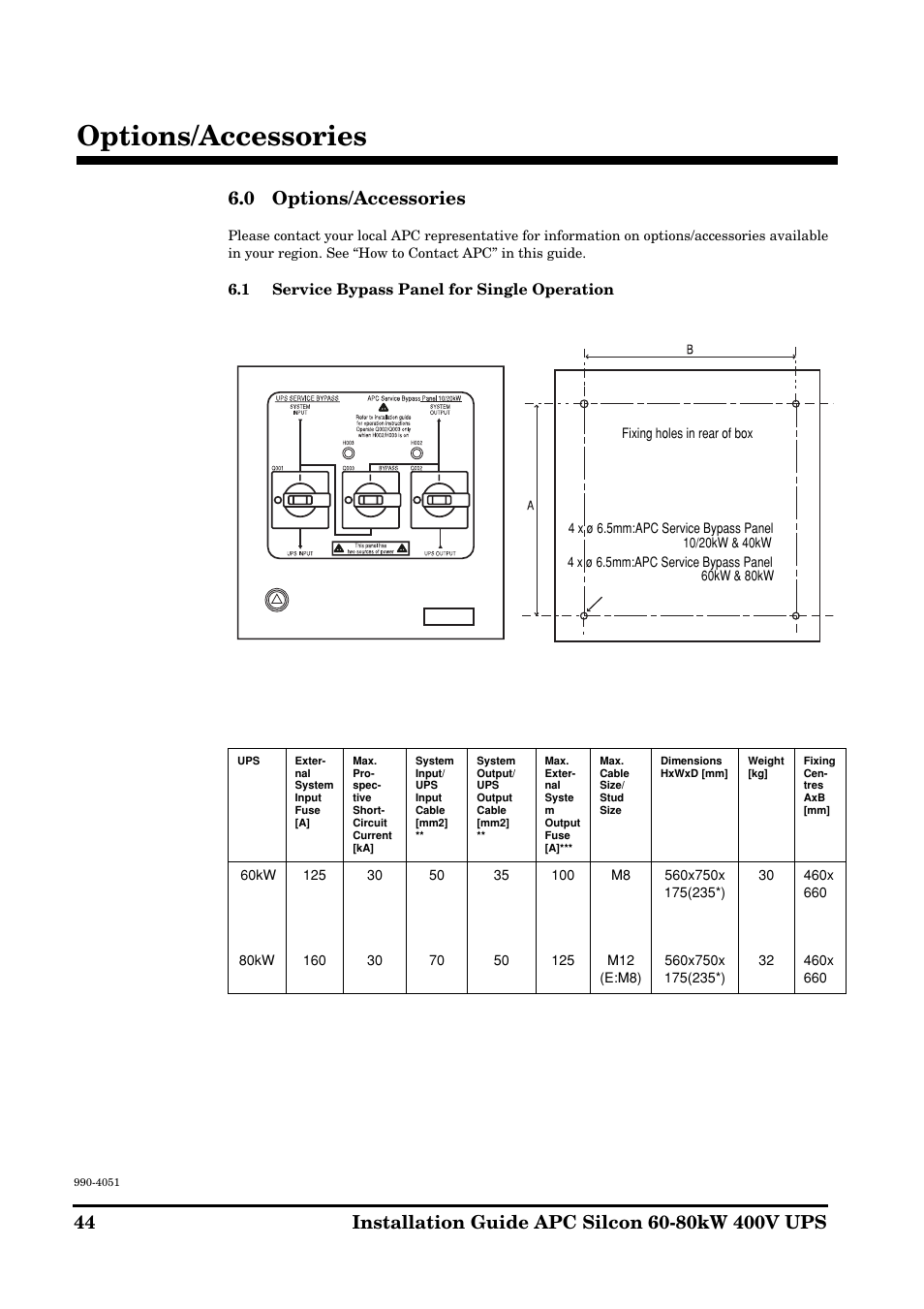Options/accessories, 0 options/accessories | APC 60-80kW User Manual | Page 44 / 80