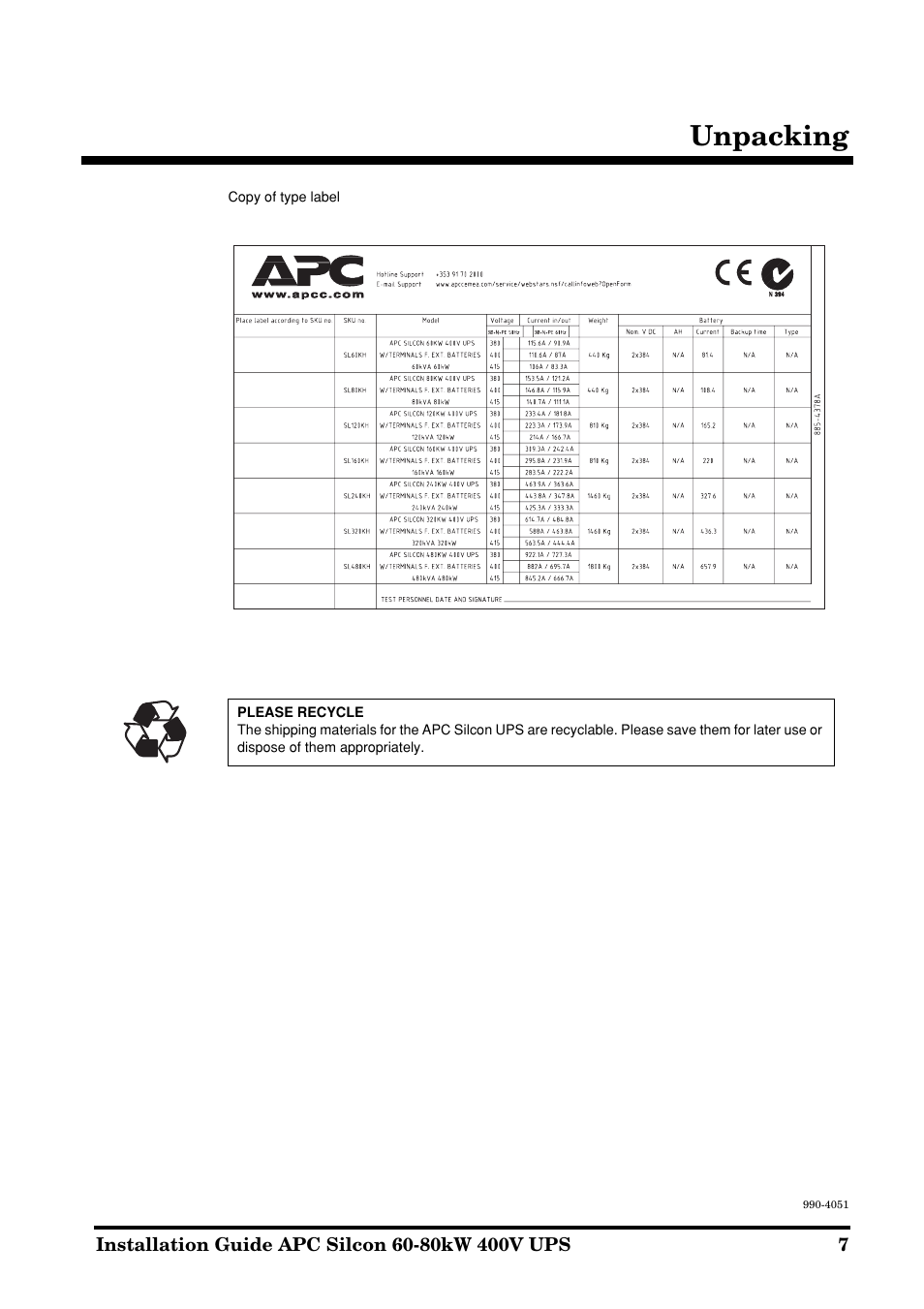 Unpacking | APC 60-80kW User Manual | Page 7 / 80