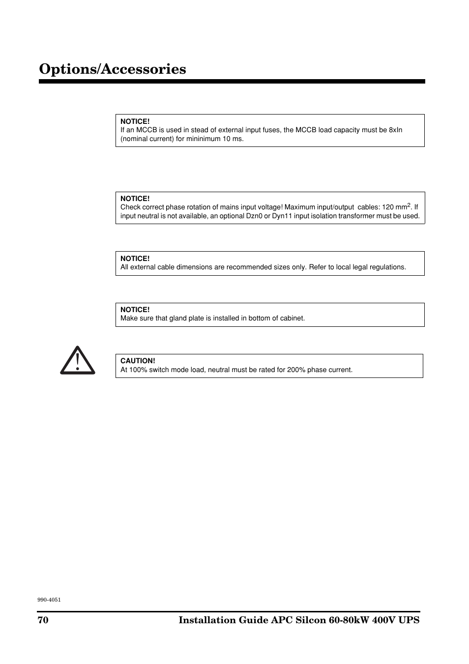 Options/accessories | APC 60-80kW User Manual | Page 70 / 80