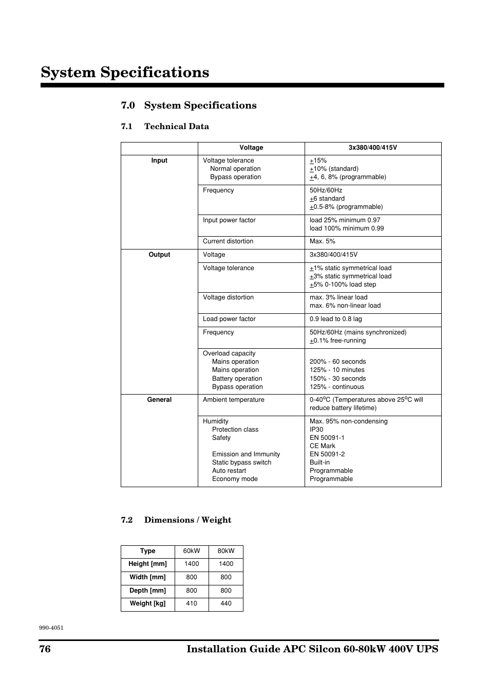 System specifications, 0 system specifications | APC 60-80kW User Manual | Page 76 / 80