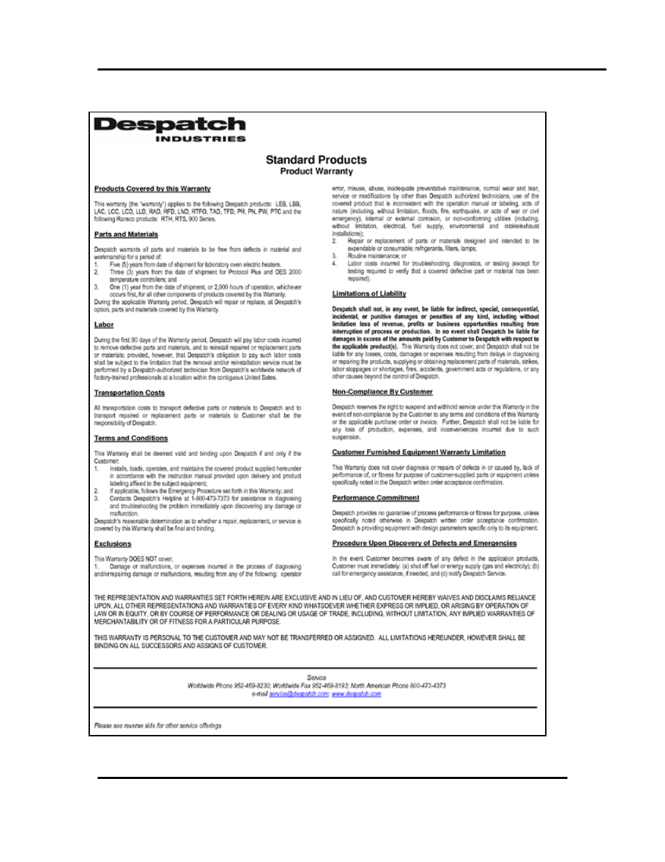 Standard products warranty | Despatch Protocol Plus Controller (Heat Only) User Manual | Page 55 / 56