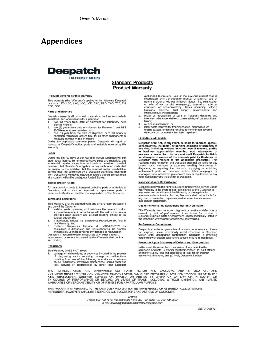 Appendices, Standard products warranty | Despatch Protocol 3 Controller User Manual | Page 67 / 69