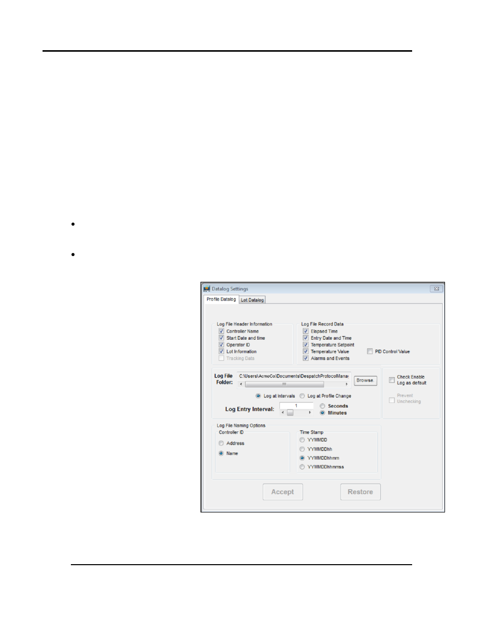 Read a recipe from the protocol plus controller, Datalog functions, Configure profile datalog | Despatch Protocol Manager with Protocol 3 and Protocol Plus User Manual | Page 34 / 58