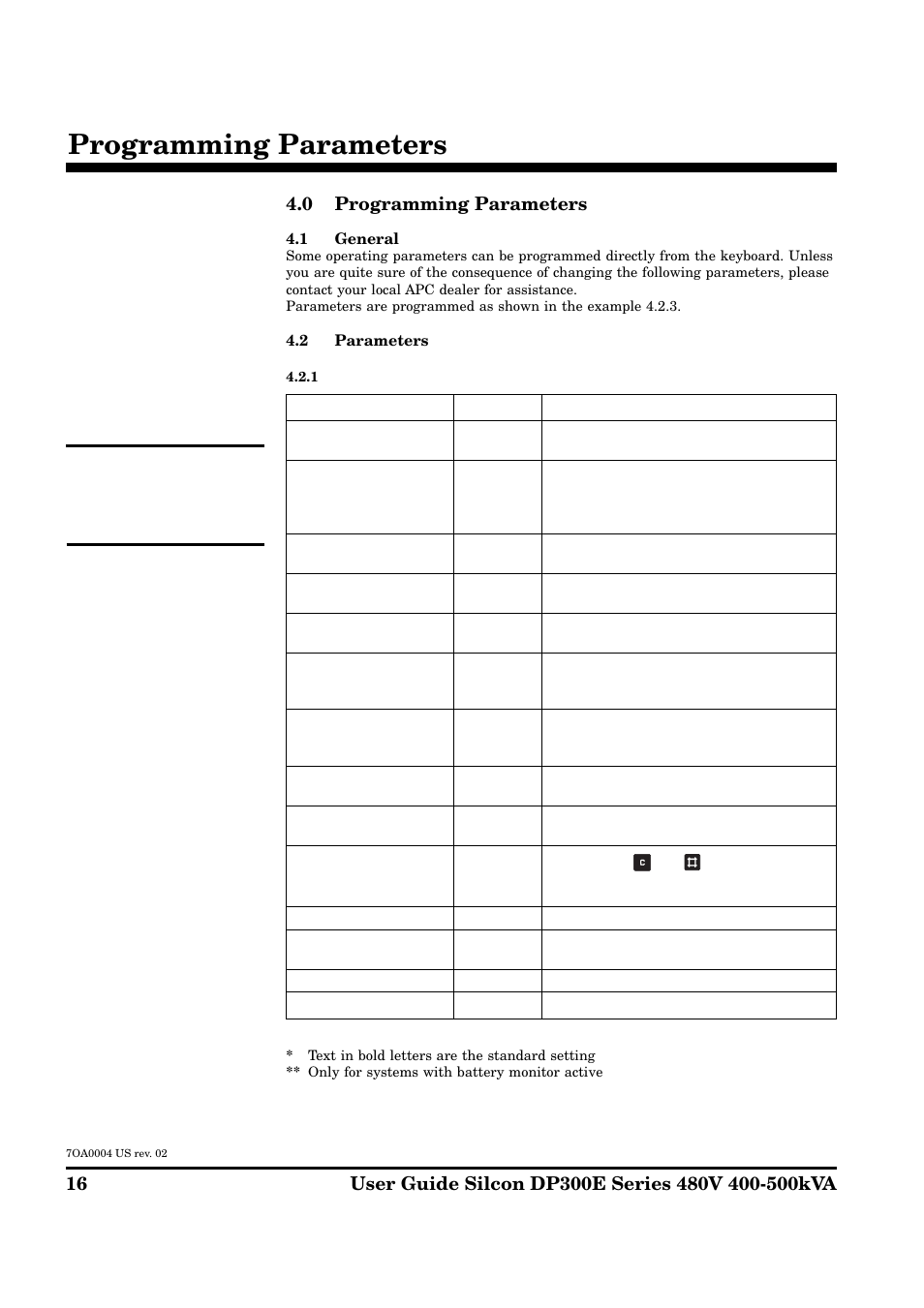 Programming parameters, 0 programming parameters | APC Silcon DP300E Series User Manual | Page 16 / 38