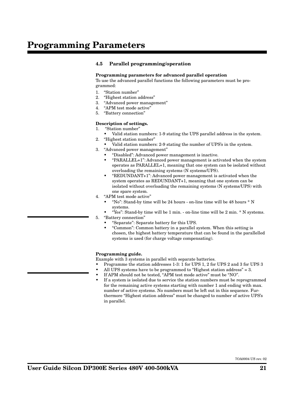 Programming parameters | APC Silcon DP300E Series User Manual | Page 21 / 38