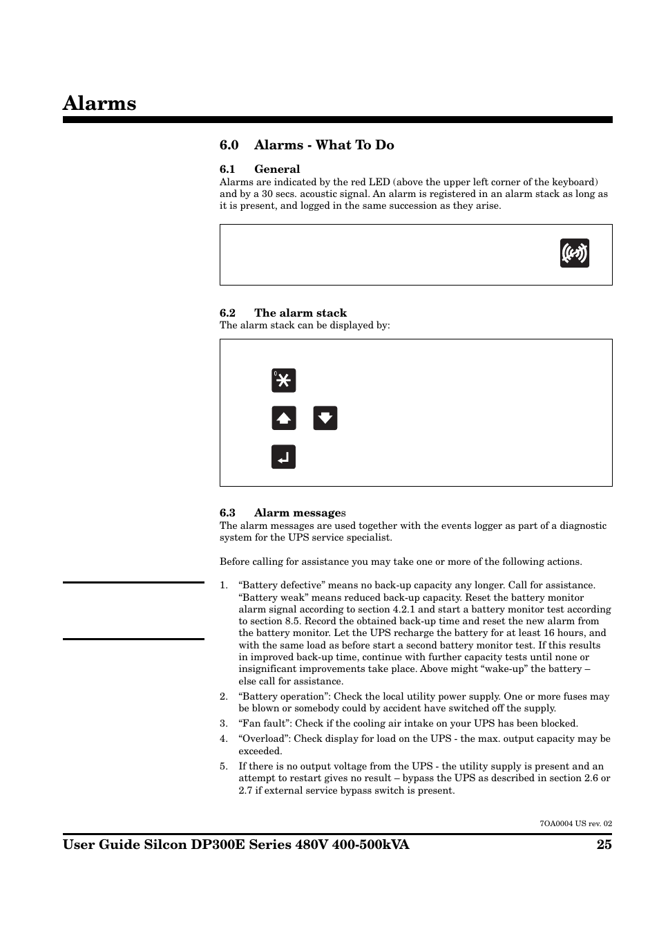 Alarms, 0 alarms - what to do | APC Silcon DP300E Series User Manual | Page 25 / 38