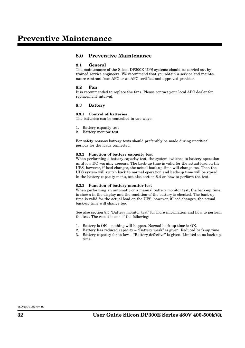 Preventive maintenance, 0 preventive maintenance | APC Silcon DP300E Series User Manual | Page 32 / 38