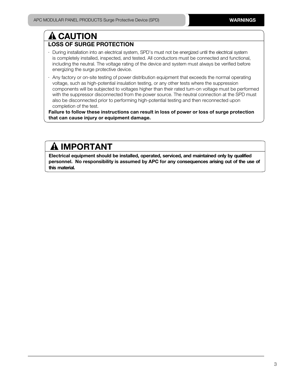 Caution, Important | APC SURGEARREST PMF3DS-A User Manual | Page 3 / 20