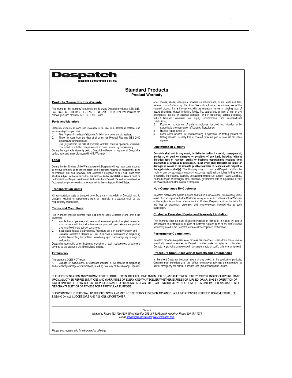 Appendices, Standard products warranty | Despatch LAC2-12-6 User Manual | Page 36 / 44