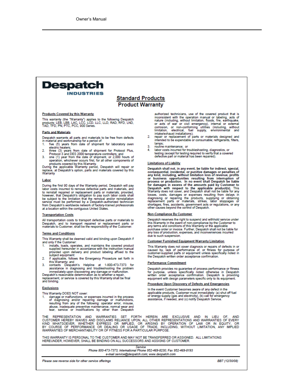 Appendices, Standard products warranty | Despatch LAC2-12-7 User Manual | Page 41 / 58