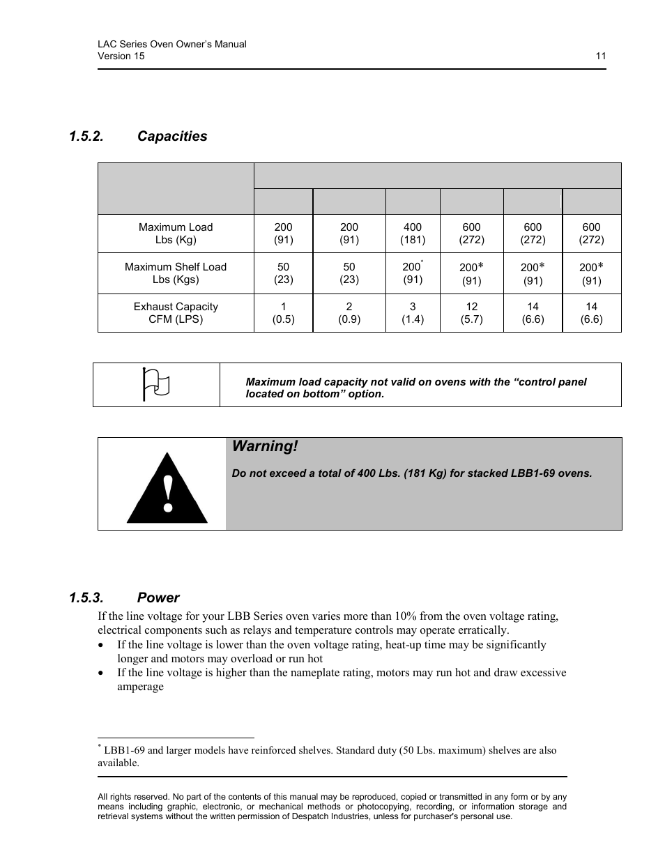 Capacities, Power, Warning | Despatch LBB2-xxA/B-1 User Manual | Page 11 / 75