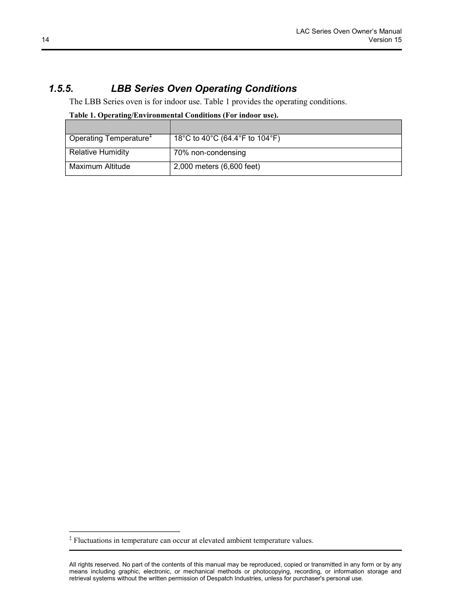 Lbb series oven operating conditions | Despatch LBB2-xxA/B-1 User Manual | Page 14 / 75